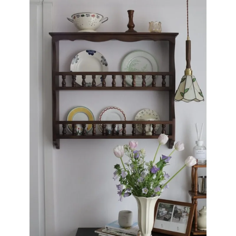 Medieval solid wood dish rack coffee shop restaurant retro upper wall wall hanging storage rack cup plate display cabinet