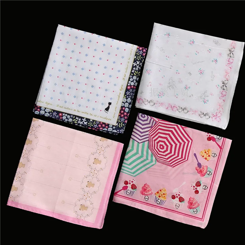 3Pcs 33x33cm Cartoon Cat Flower Printed Women Bandanas Pocket Hankies Handkerchiefs Soft Cotton Children Birthday Gift