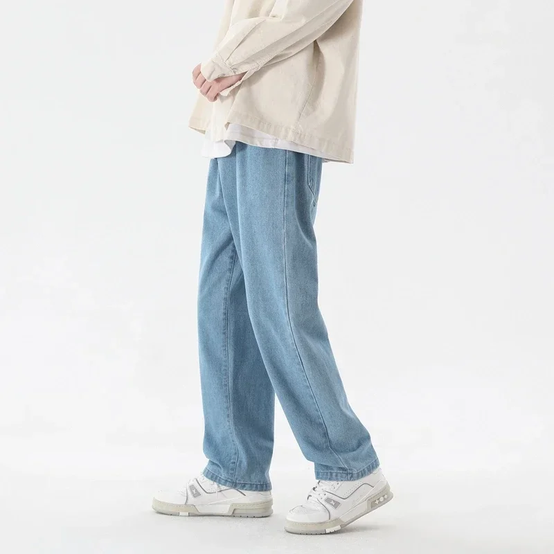2024 New Korean Fashion Casual Ankle-Length Jeans Classic Straight Denim Wide-leg Pants Light Blue Grey Black