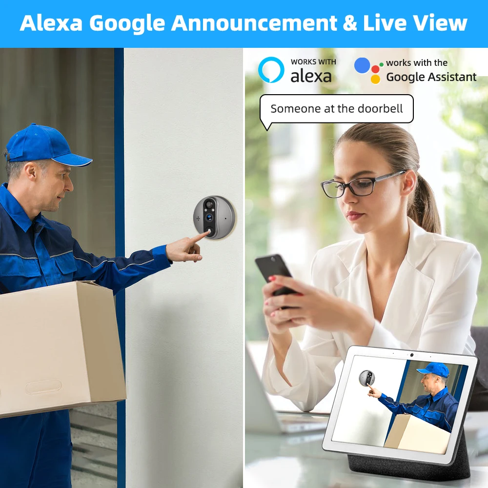 Alexa Google Tuya Smart WiFi 3MP Battery Powered Digital Peephole Doorbell PIR Detection Magic Eye Door Camera FHD 4.3" Viewer