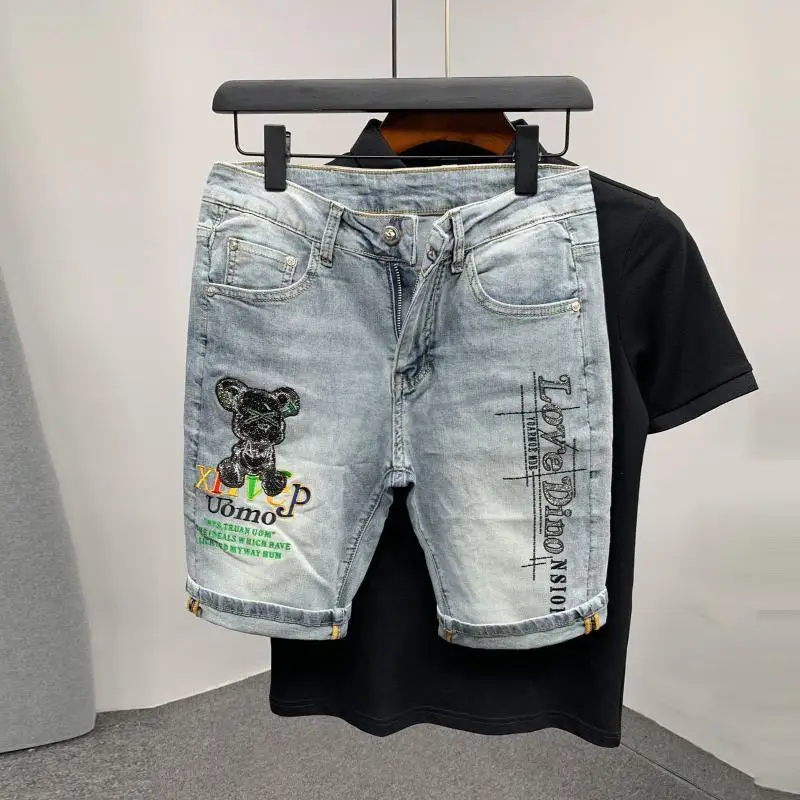 

Light Luxury High-quality Trendy Brand Hot Diamond Slim-fitting Blue Denim Shorts Men's 2025 Summer Washed New Jeans Shorts Man