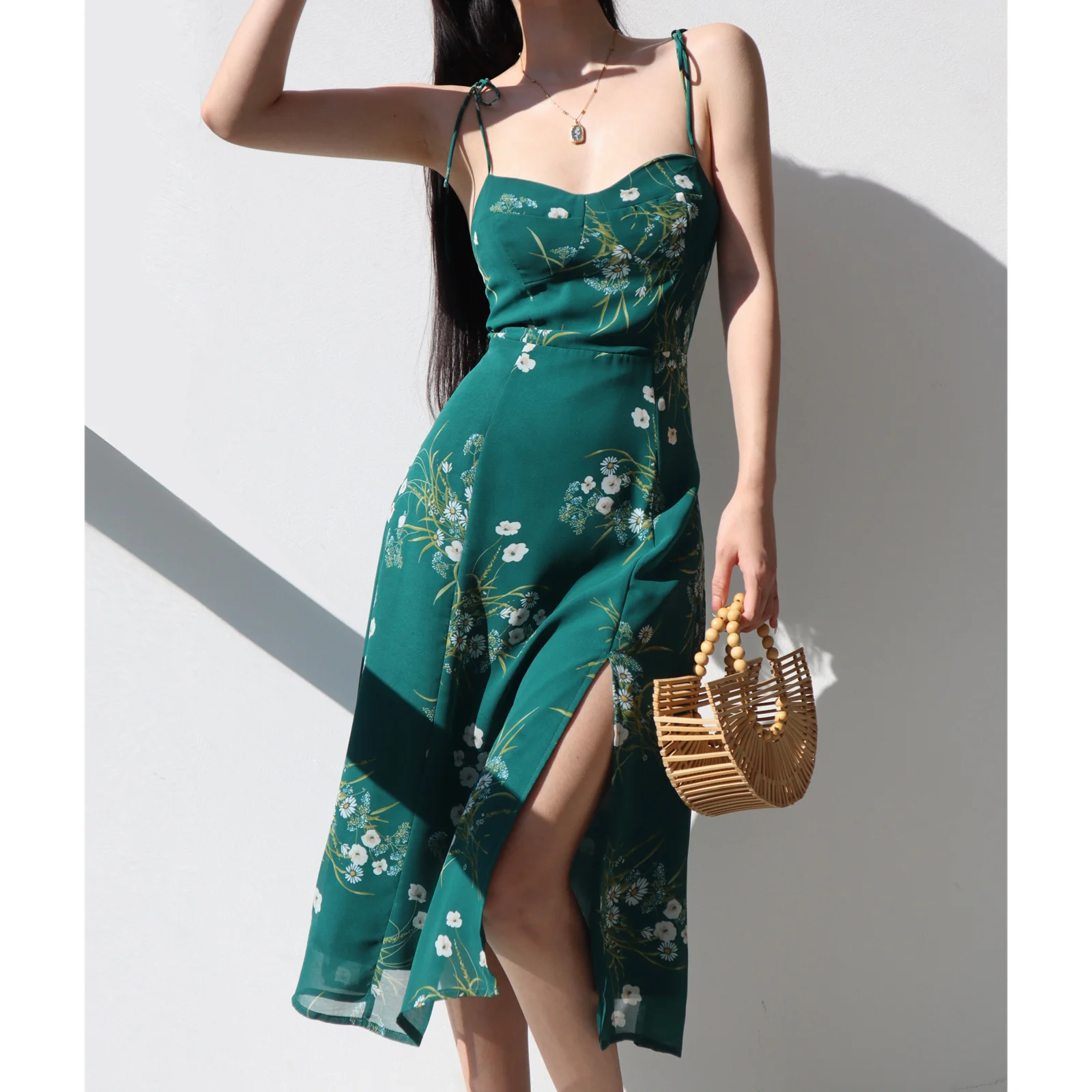 French Green Print Sexy Side Slit Waist Show Thin Suspender Skirt Women's Holiday Style Dress Medium Long DRESSES  M477