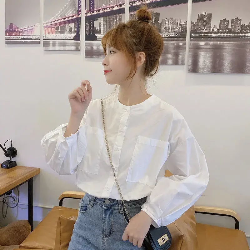 Women Shirts Autumn New O-neck Lantern Sleeve Single Breasted Korean Style Girls Sweet Leisure Simple Clothing Tops Blouses Chic