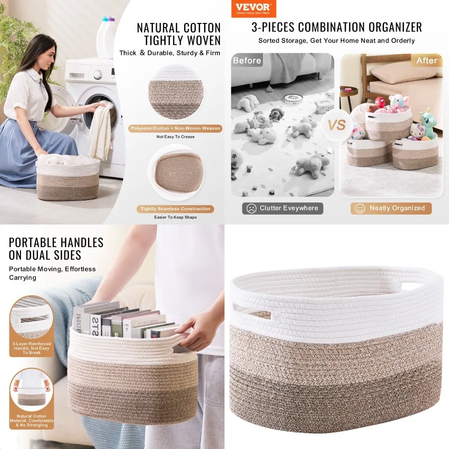 

VEVOR Cotton Rope Basket 3 Packs 22L Woven Storage Basket for Organizing