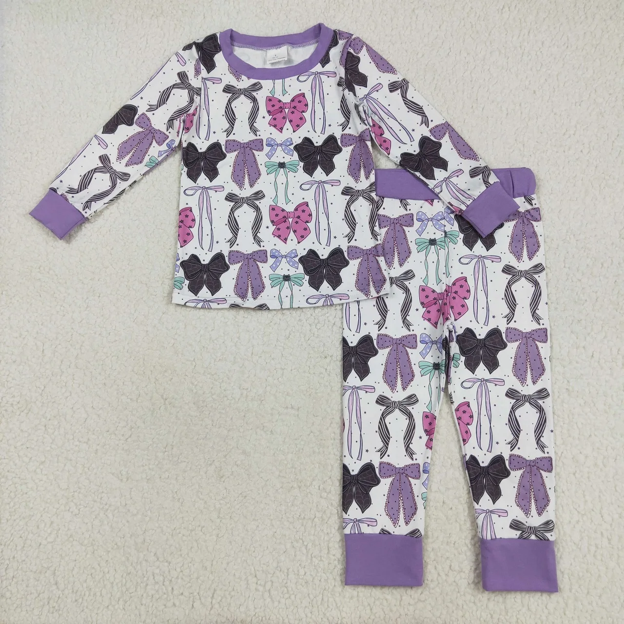 

Wholesale Toddler Children Halloween Set Baby Girl Long Sleeves Bows Shirt Sleepwear Kids Infant Pants Purple Pajamas Outfit