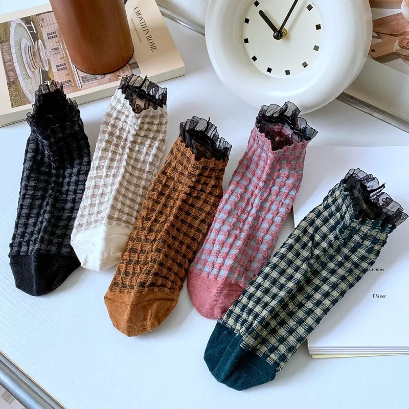 Women Lace Cotton Boat Socks New Spring Summer Ling Grace Rib Vintage Trend Fashion Harajuku Series Ladies Thin Socks I138