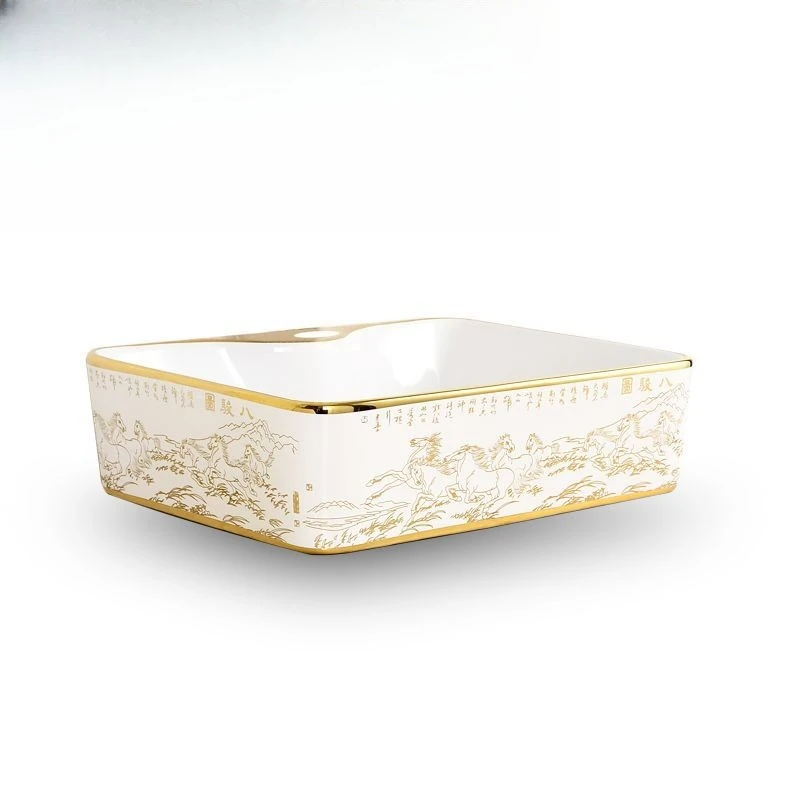 

Chinese bathroom ware, electroplated color gold stage art basin, rectangular ceramic wash basin