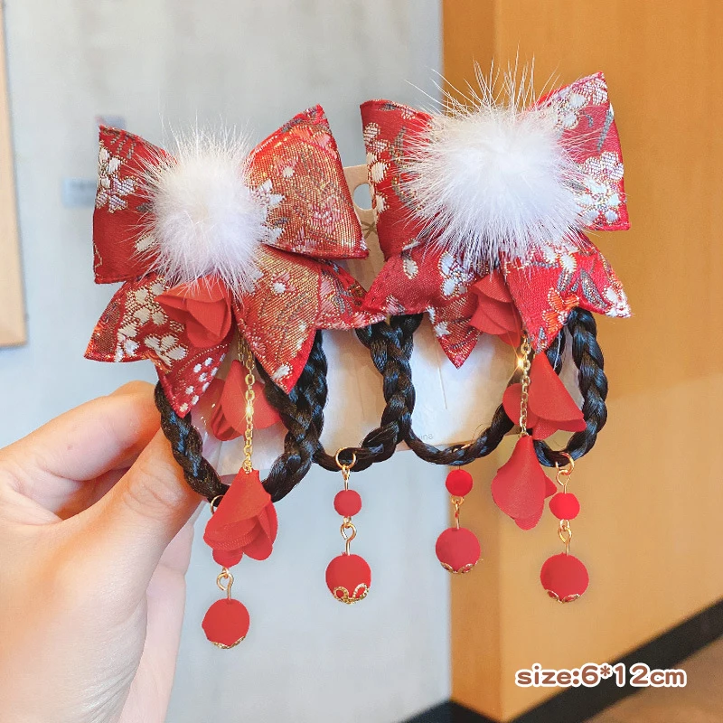 New Year Headwear for Kids Chinese Style Wigs Braided Hair Clips Hanfu Red Tassel Hairpins Girl Hair Accessory New Year Gift