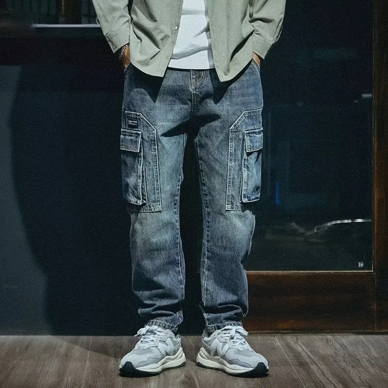 

Autumn And Winter New Men's Jeans With Multiple Pockets Casual Loose Straight Leg Pants Retro Blue Jeans Mid Waist Denim Jeans