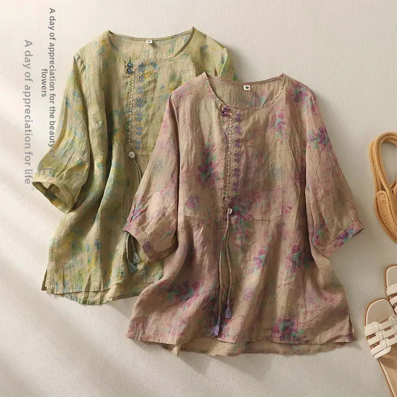 

Elegant Loose round Neck Printed Ethnic Tunic Top Vintage Fringe Decoration New Summer Fashion Women's Cotton Polyester Shirt