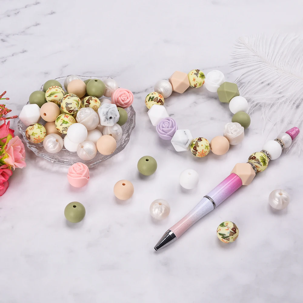 LOFCA 66Pcs Silicone Beads 15mm Printed Round Flower Beads For Jewelry Making DIY Necklace Bracelet Accessorie