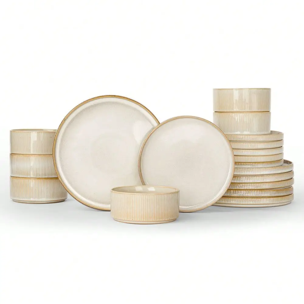 18 Piece Stoneware Dinnerware Sets, Plates And Bowls Set For 6, Dishwasher And Microwave Friendly