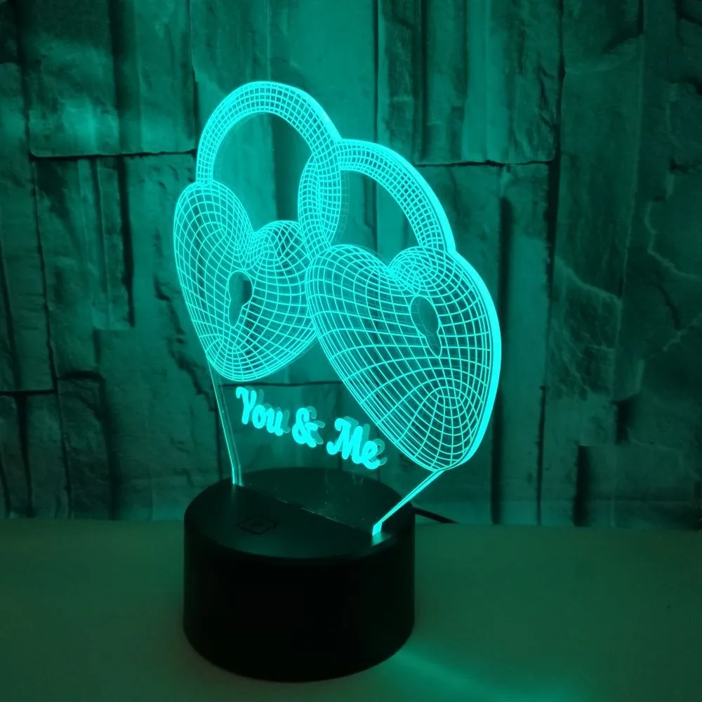 Nighdn-luz nocturna con cerradura de amor romántica, lámpara de ilusión 3D para mesa, decoración de dormitorio, regalo de cumpleaños y San Valentín para amante