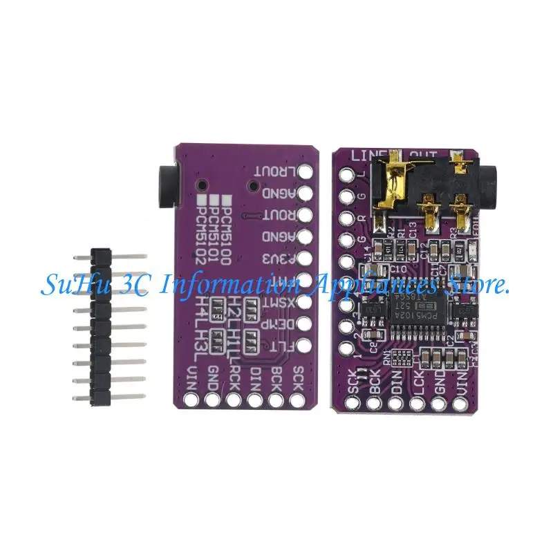 I2S Conversion Circuit Board with PCM5102 Platform, Through-Hole Connection Contacts, and Board-Mounted Output Port