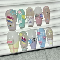 10pcs Kawaii Candy Pudding French Handmade Press On Nails Sweet Cute Nail Art Patch Removable Bow Star Summer Macaron Fake Nails