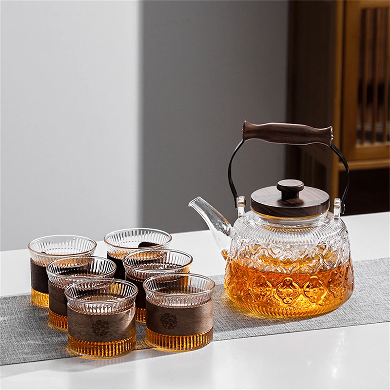 Glass Teapot with Infuser Handle High Borosilicate Tea Kettle Flower Tea Set Kitchen Induction Gas Stove Tea Pot Home Teaware