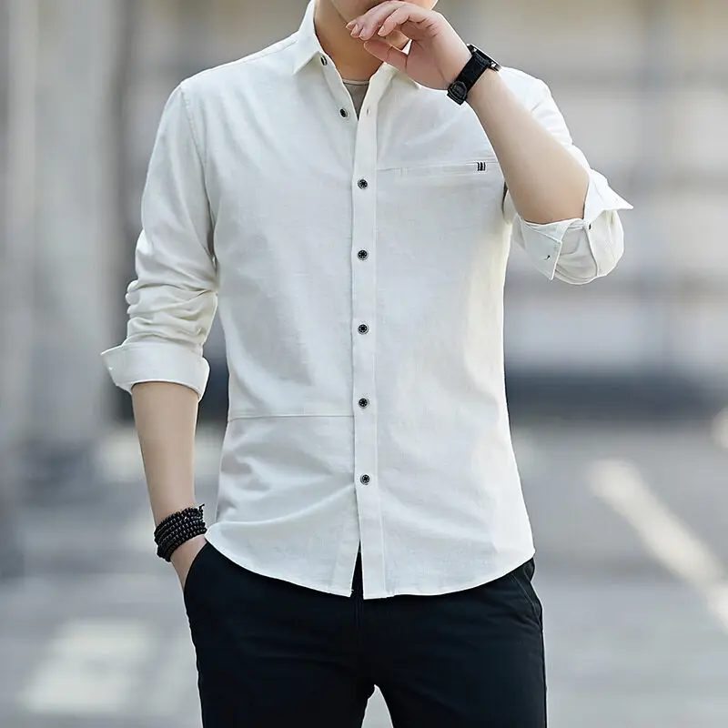 Stylish Business Casual Shirts Solid Color Basic Men\'s Clothing Commute Turn-down Collar Spring Autumn Single-breasted Shirts