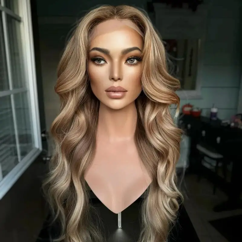 Glueless Ombre Caramel Blonde Brown HD Lace Frontal Wig with Roots Top Synthetic Wig Blend Human Hair Soft Long Body Wave Wig