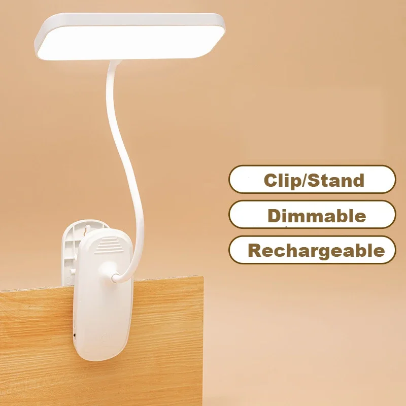 

360° Flexible Table Lamp with Clip Stepless Dimming Led Desk Lamp Rechargeable Bedside Night Light for Study Reading Office Work