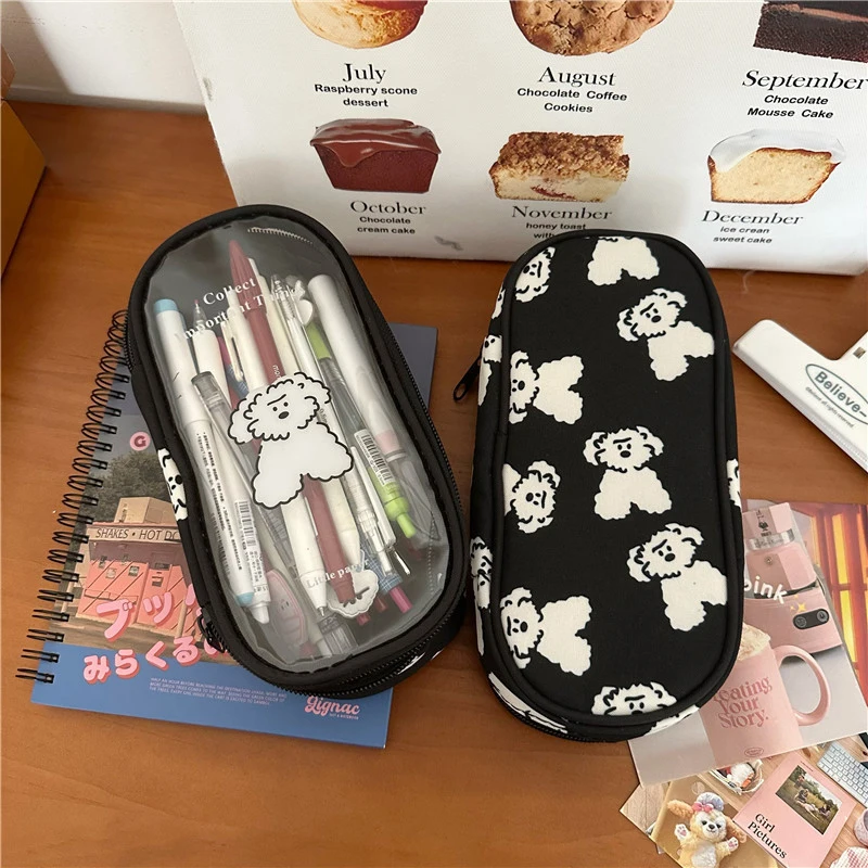 Desenhos animados Puppy Dog Zipper Pencil Bag, saco de armazenamento transparente multifuncional, estojo de papelaria de grande capacidade, caixa de caneta de alta aparência