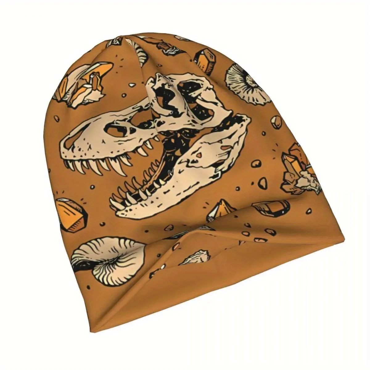 Men's Dinosaur Skull Fossil Beanie Hat Fashionable Brown Knit Cap with Prehistoric Design, Warm Stretchy Winter Skull Cap