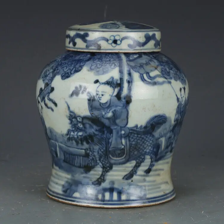 

Chinese Ming Blue and White 6.0 inch Porcelain Jar Kylin Kid Design Tea Caddy Pot