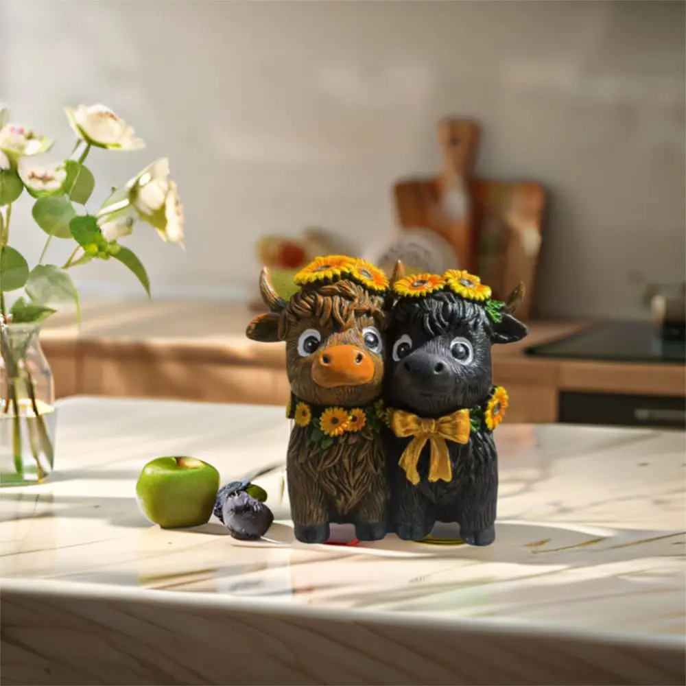 

Spring Sunflower Highland Cow Figurines Funny Handmade Scottish Cow Statue Unique Resin Calf Lovers Gifts Home Bookshelf Decor