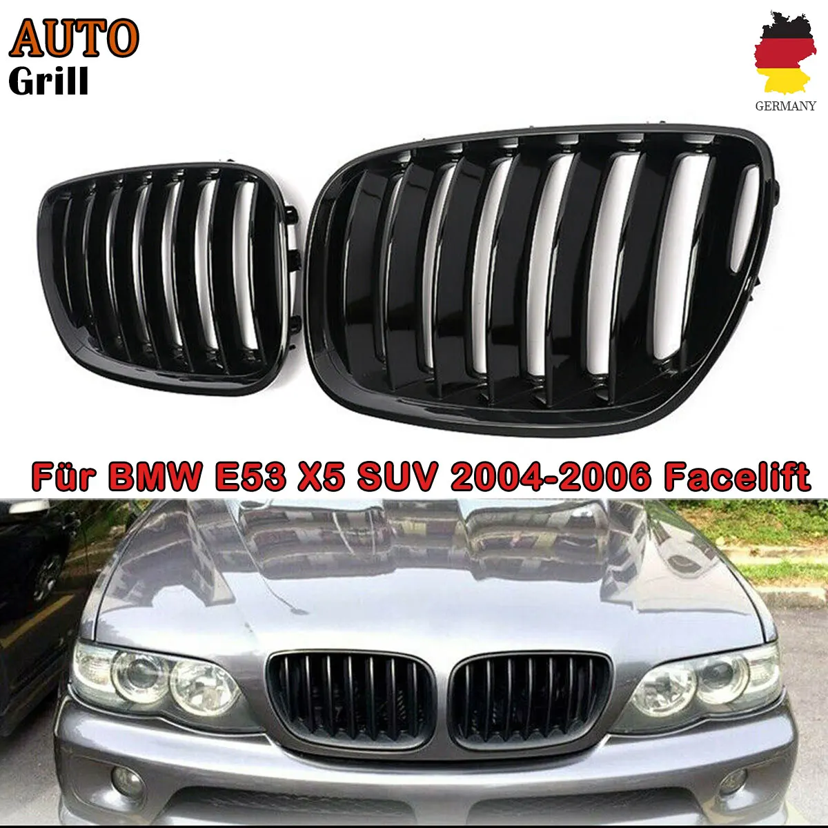 Image of 2x Glänzend Schwarze Frontnieren-Kühlergrills für BMW E53 X5 SUV 3.0d 4.4i 2004 2005 2006 Facelift Stoßstange Kühlergitter Racing Motorhaubengrills