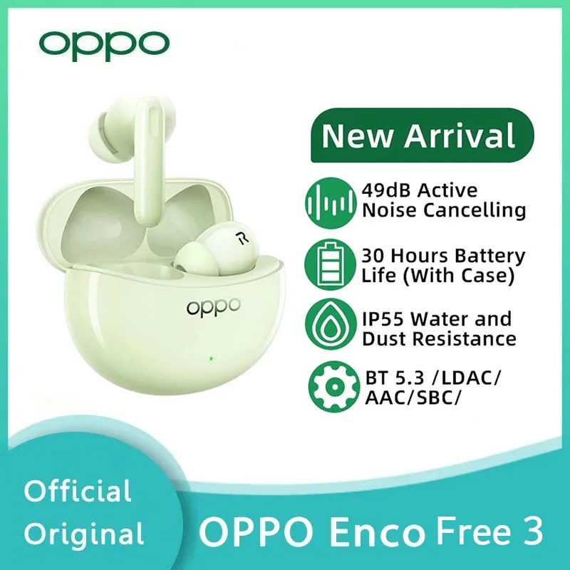 Oppo Enco Free3 True Wireless Earphones, Bluetooth 5.3, Active Noise Cancellation, 49dB, Waterproof and Sweatproof