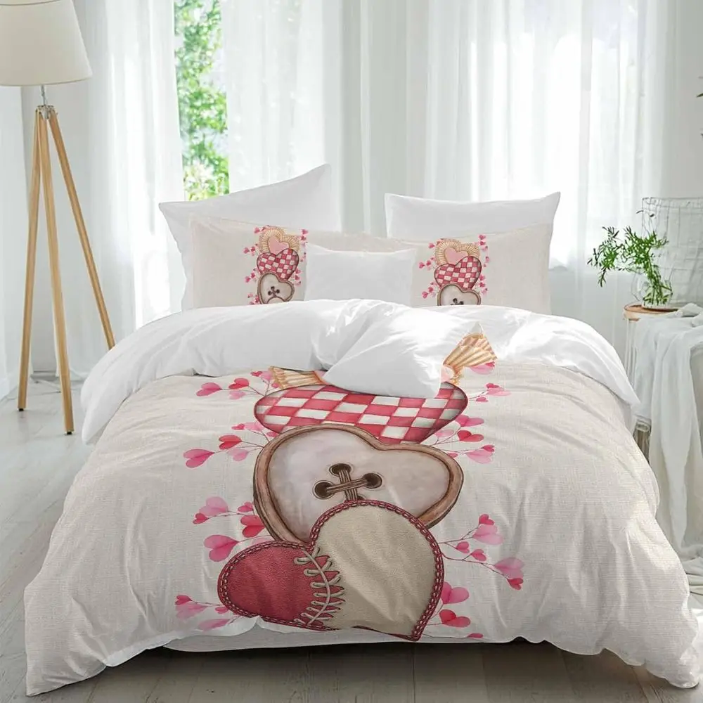 

Valentine's Day Sheet Set, Watercolor Pink Lace Plaid Button Rugby Love Heart Linen Texture 4 Pieces Breathable Duvet Cover Set