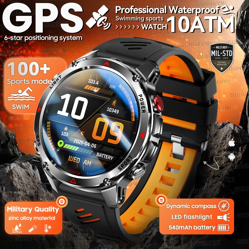 

2025 Новые уличные GPS спортивные умные часы со встроенным двухдиапазонным GNSS-компасным фонариком IP69K/3ATM водонепроницаемые военные умные часы для мужчин
