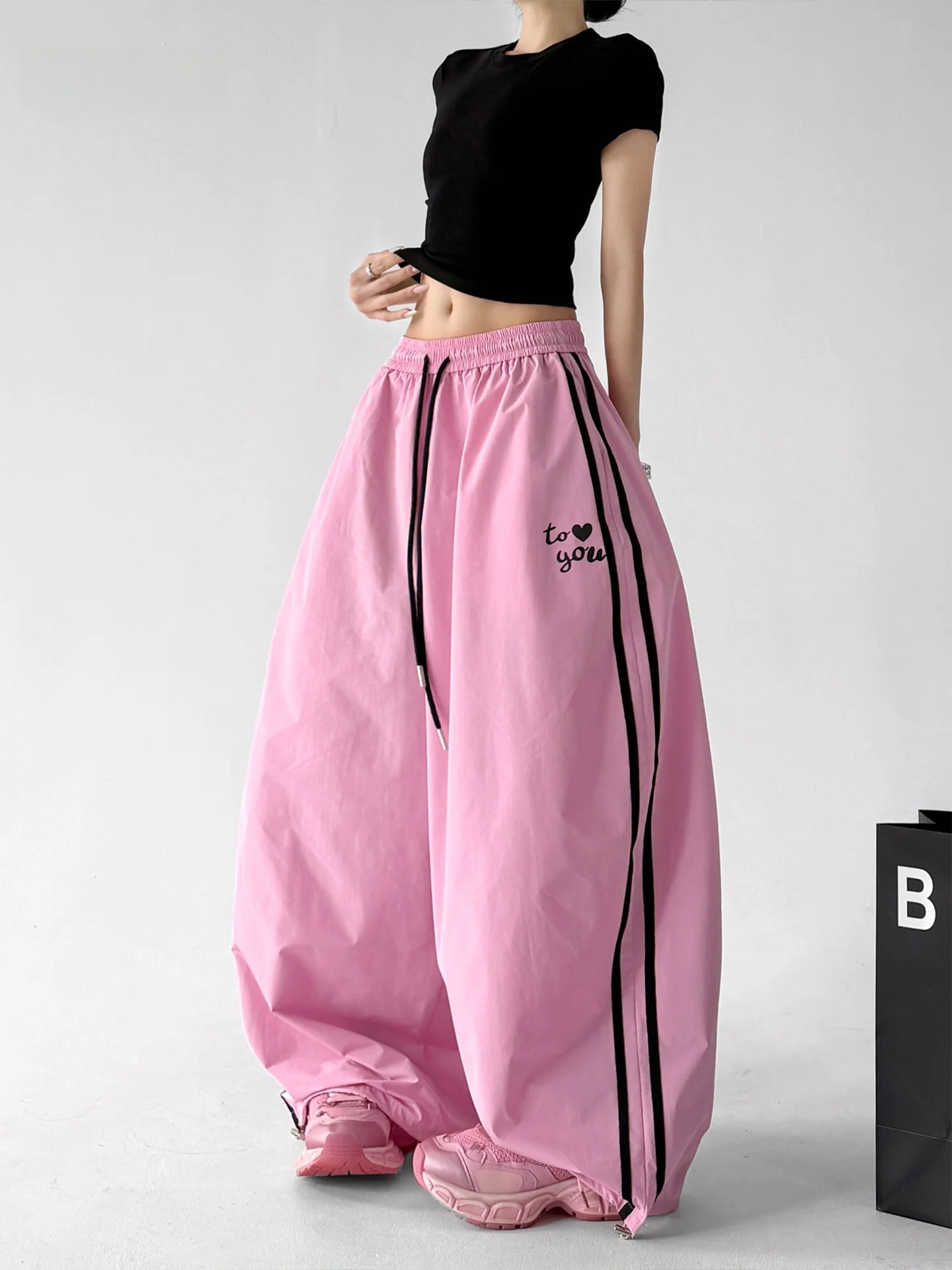 

Женские летние новые свободные длинные повседневные розовые брюки для танцев с широкими штанинами, с высокой талией, из полиэфирного волокна, в стиле кэжуал