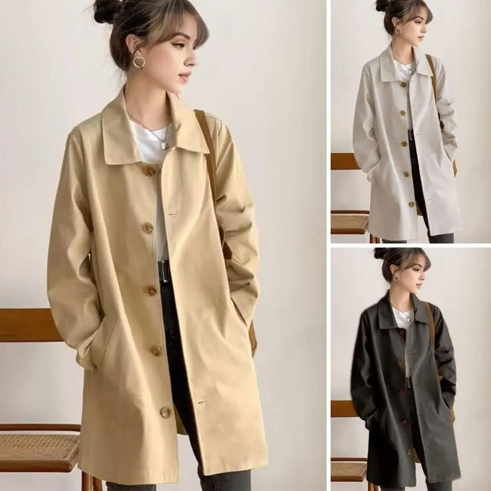 Women Fashion Solid Single Breasted Trench Vintage Lapel Neck Long Sleeves Female Chic Lady Outfits