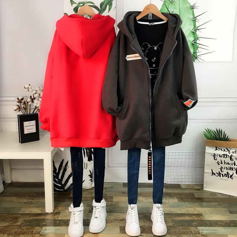 سترة صوفية مبطنة سميكة متوسطة الطول بسحاب وغطاء للرأس مفتوحة سترة خارجية للنساء كاجوال مريحة