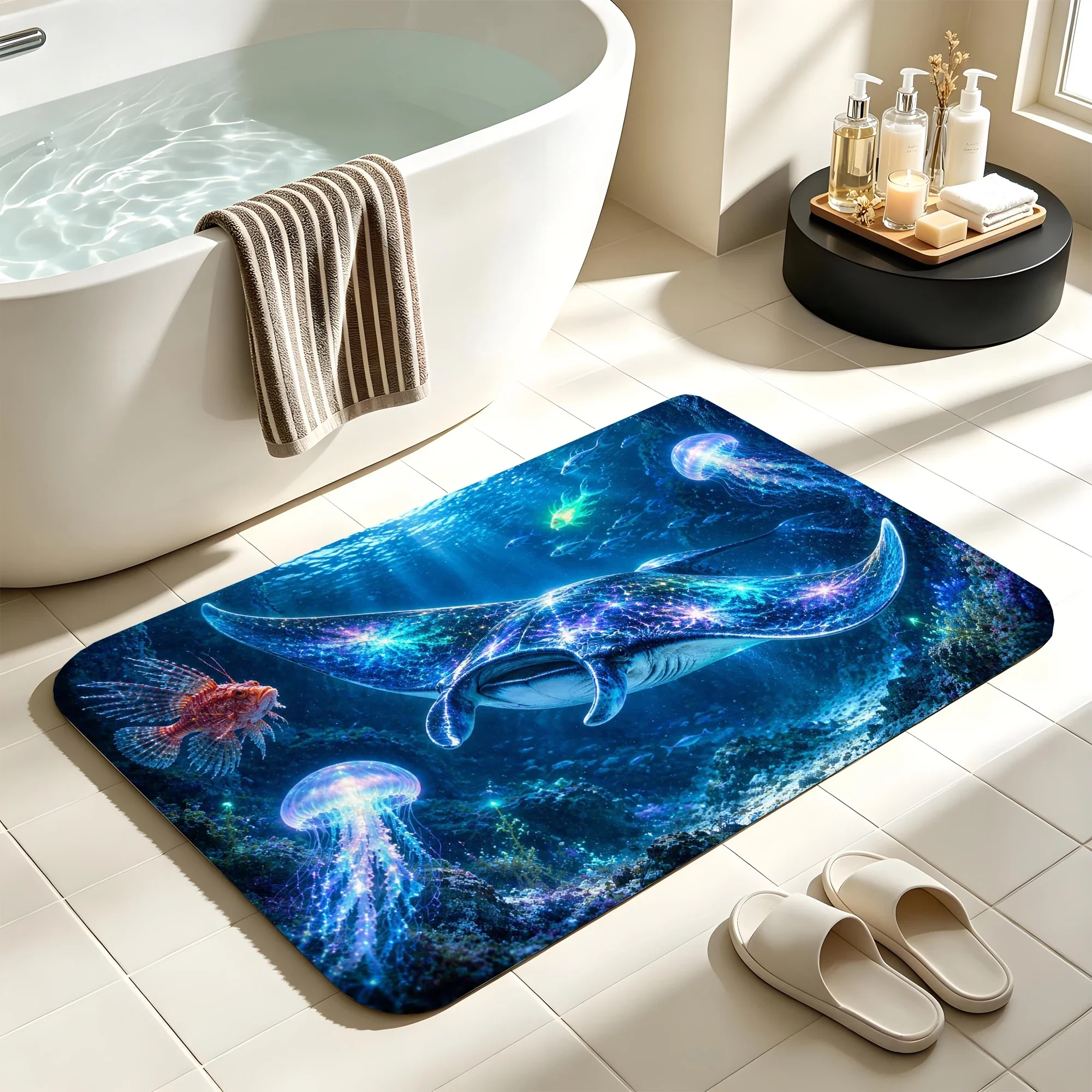 Blue Devil Fish Bath Mat Water Absorbent Quick Dry Anti-Slip Shower Rug Floor Carpet for Bathroom Home Decor