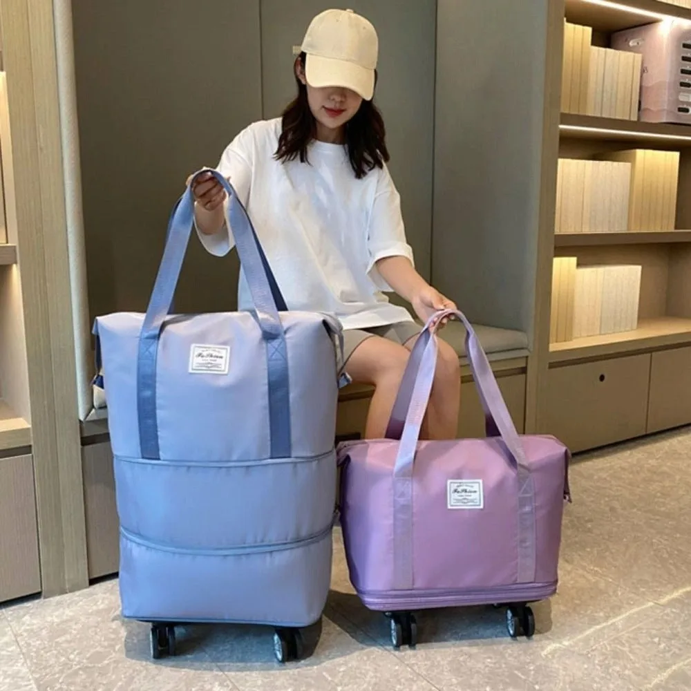 Oxford Cloth Gym Bag with Wheels Dry-Wet Separation Sport Collapsible Travel Tote Bag Portable Expandable Luggage Storage Bag
