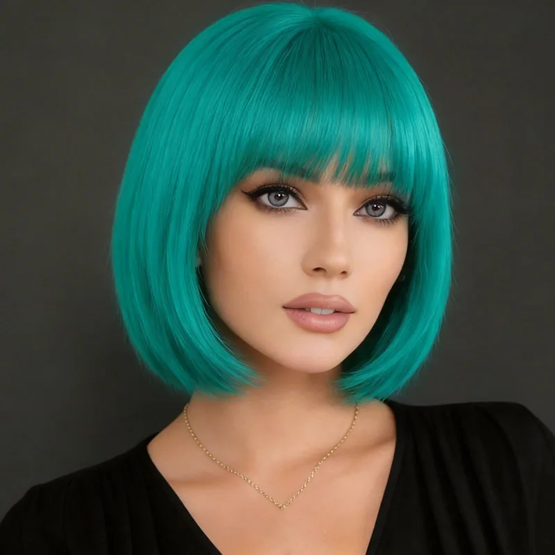 12-inch synthetic short bob wig that is not prone to tangling, with a lake blue fringe, suitable for women's everyday styling.