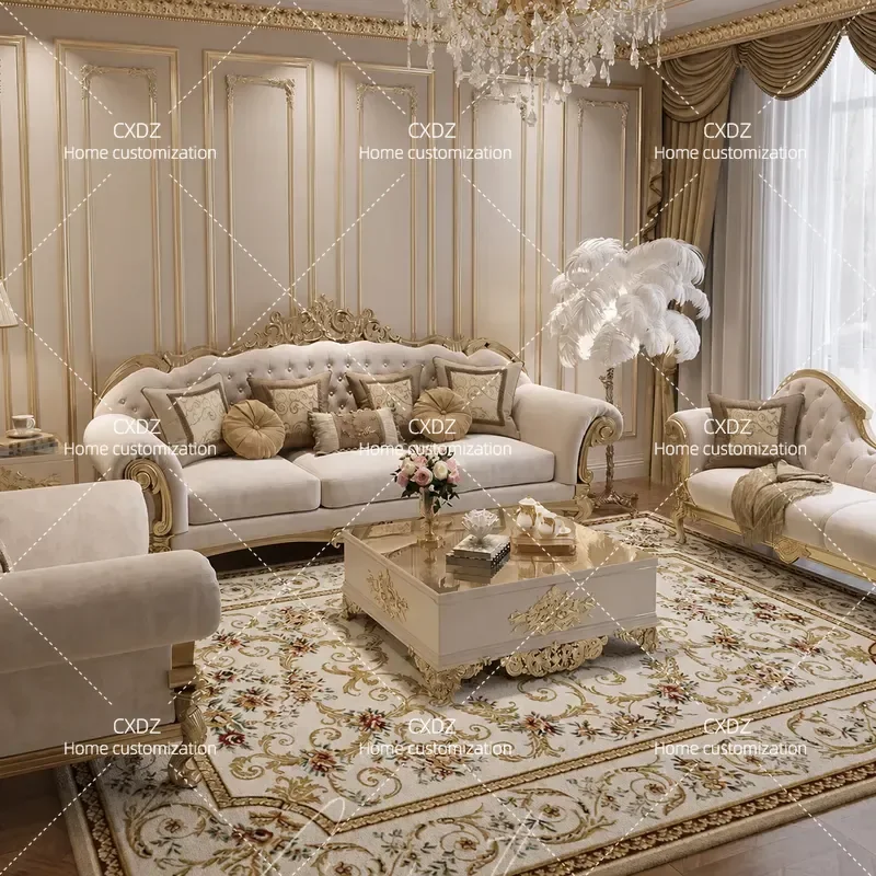 French light luxury solid wood carving flower fabric sofa European style living room three-person combination villa furniture