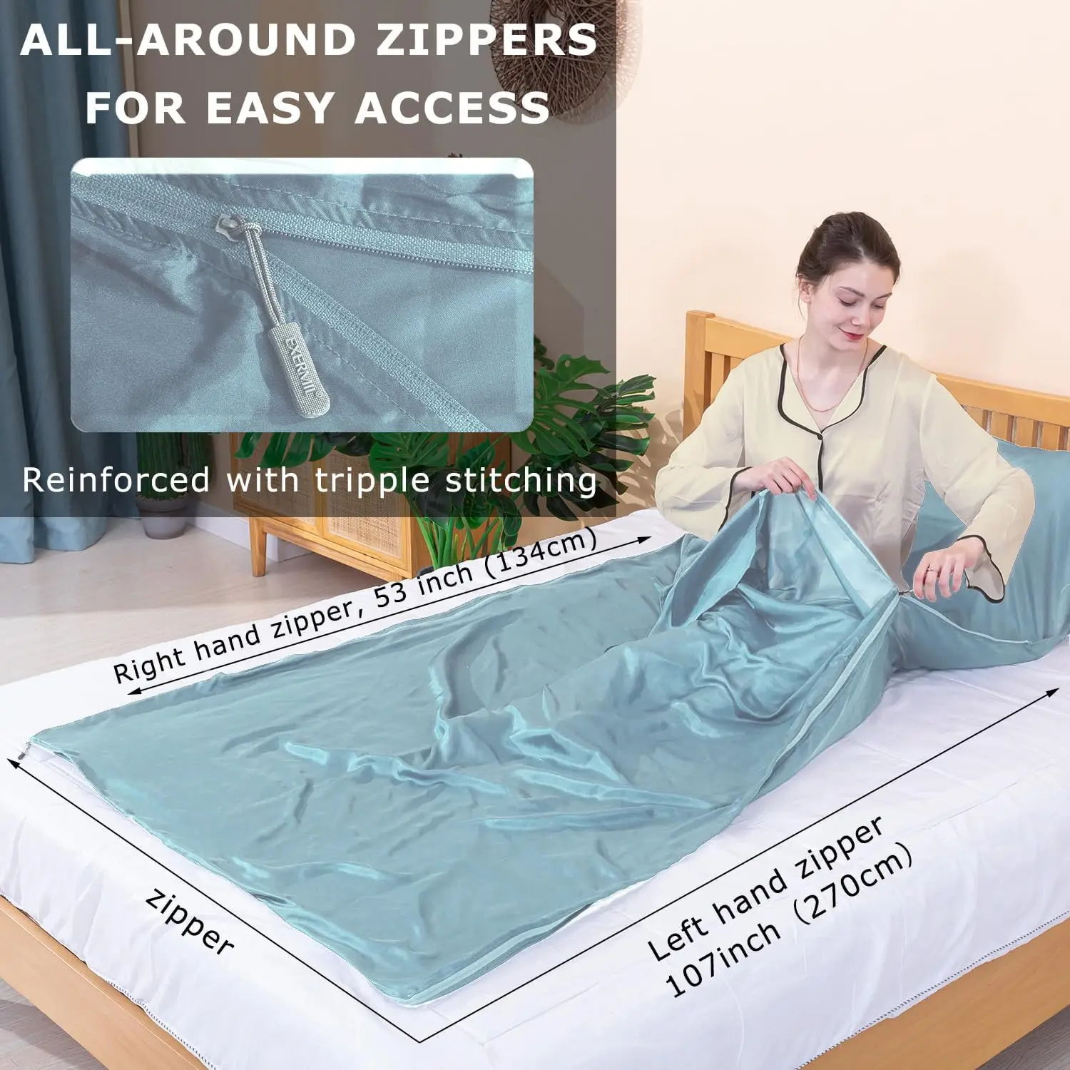 100% Silk Sleep Sack with Zippers on 3 Sides, 87