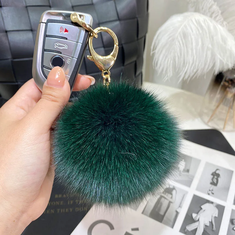 Big 9cm Fluffy Real Fox Fur Ball Pom Poms Natural Fur Pompom Leather Strap Keychain Key Chain Ring Pendant For Women Charm