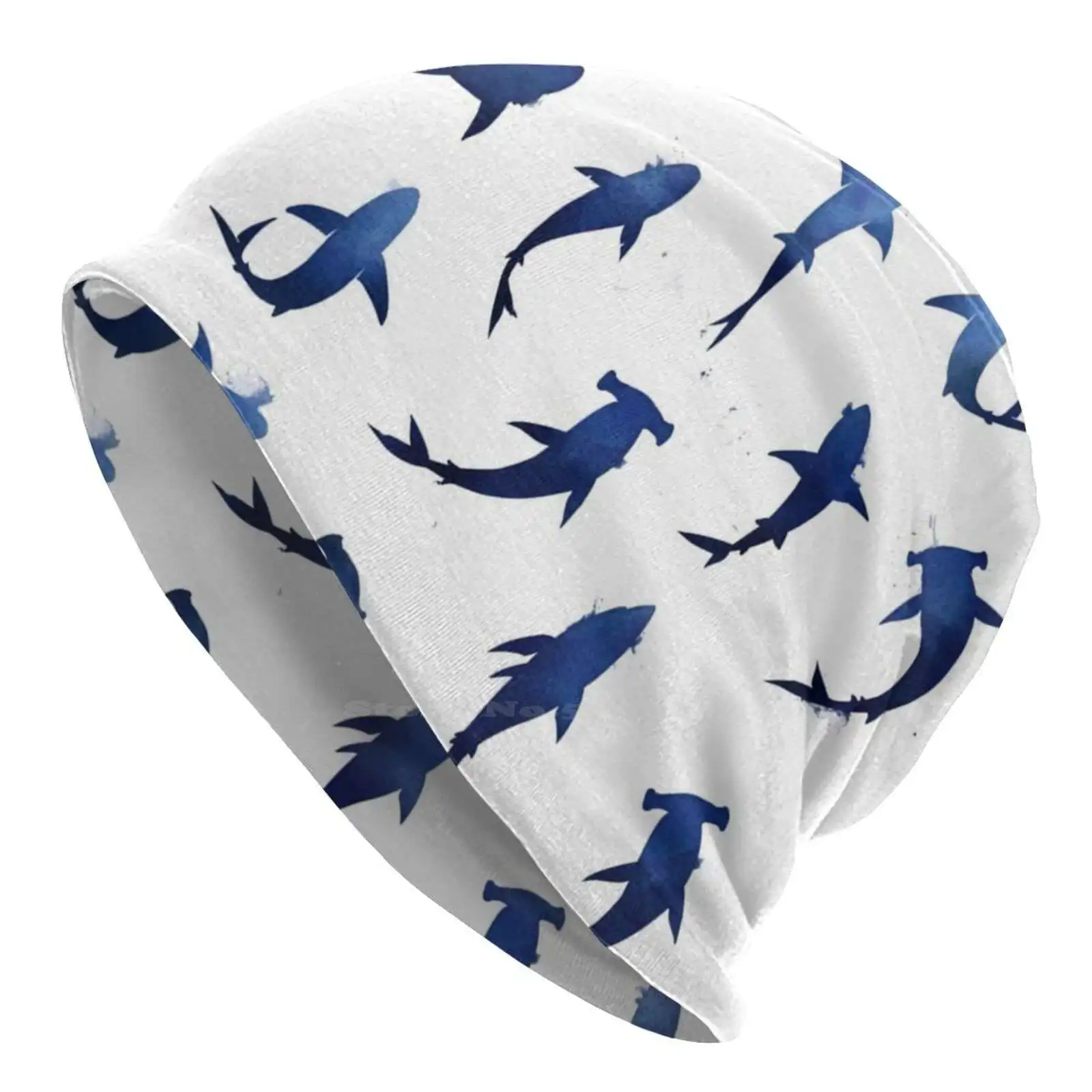 Shark Love Knitted Hat Warm Beanie Outdoor Caps Shark Watercolour Blue