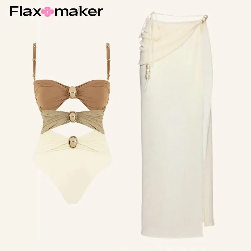 

FLAXMAKER sexy Halterneck Pearl High Waist Bikini set Swimsuit Swimwear Women luxury Beachwear Bathing Suit