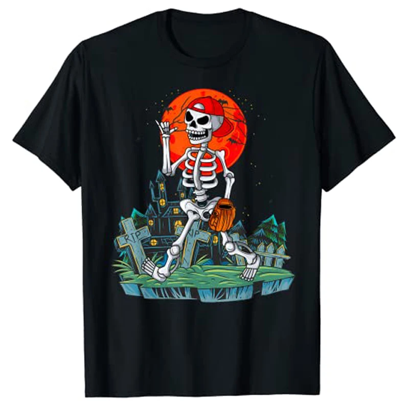 Skeleton Player Baseball Halloween Costume Catcher Pitcher T-Shirt Gift Baseball-Lover Skull Print Graphic Tee Tops Gothic Style