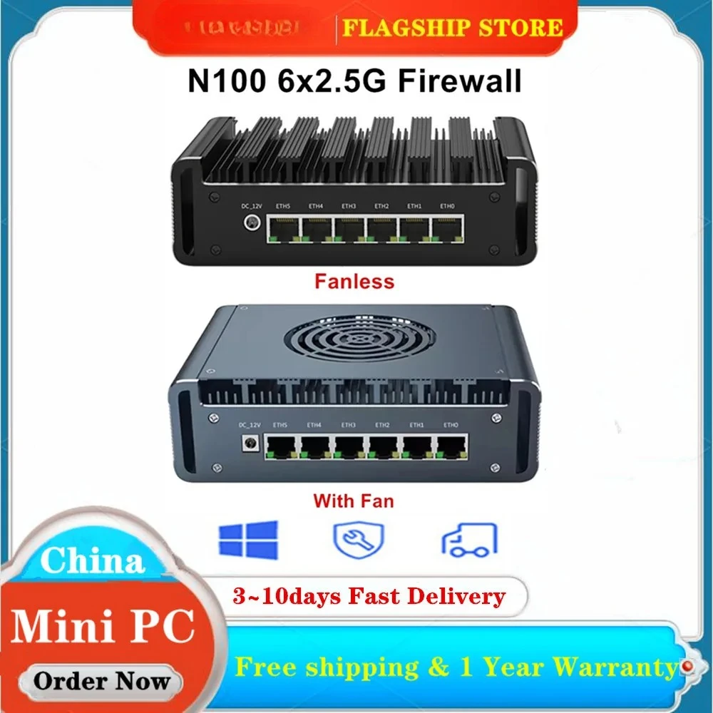 

6x2.5G i226-V Intel N100 Firewall Appliance Mini PC DDR5 Max 16GB 2xM.2 NVMe Industrial Computer pfSense Router OPNsense Proxmox