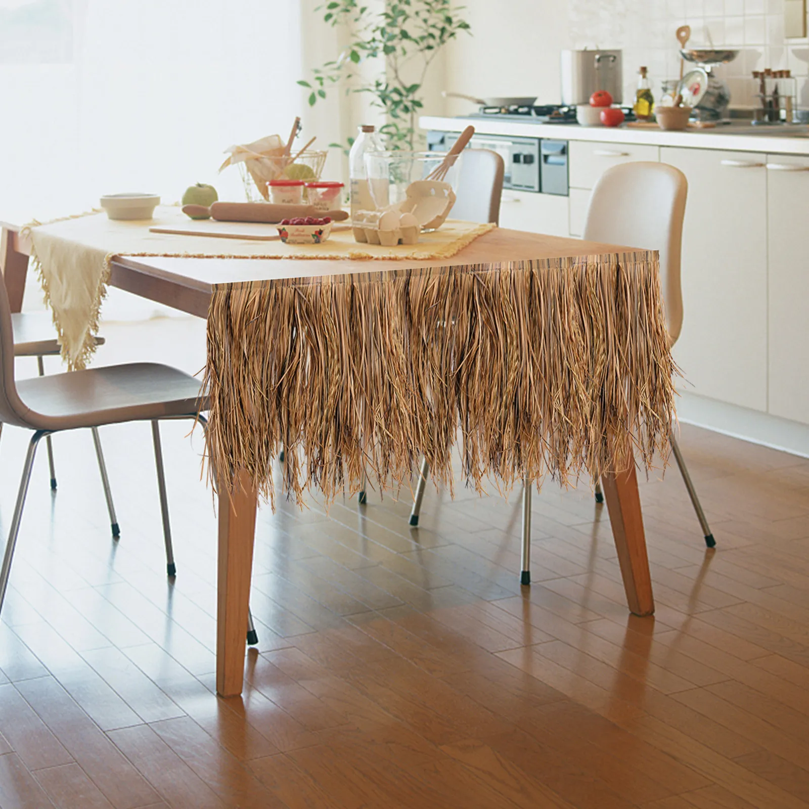 1Pcs Hawaii Hula Table Skirt Brown Simulated Straw Festival Dining Party Decor Elastic Tassel Luau Accessories Performance