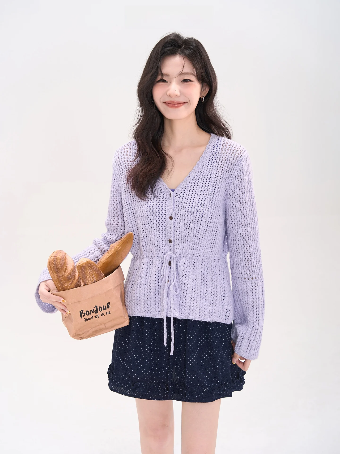 

Вязаный кардиган Heme Window Flower Field для женщин, ажурный, с поясом, длинными рукавами, V-образным вырезом, повседневный, из смесового хлопка