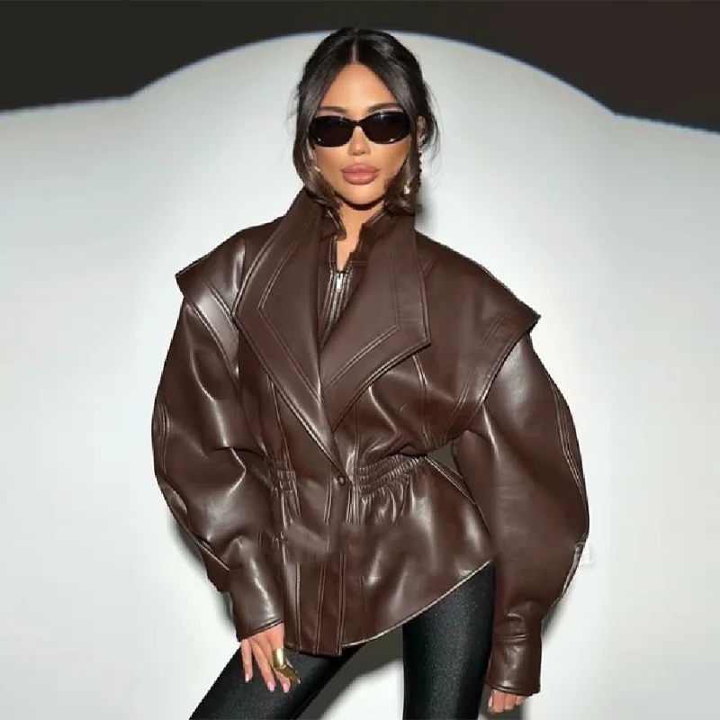 المألوف شيك جديد الخريف سترة الرجعية التلبيب بولي Leather الجلود سستة معطف تنوعا أنيق عادية كول ملابس خارجية الملابس النسائية
