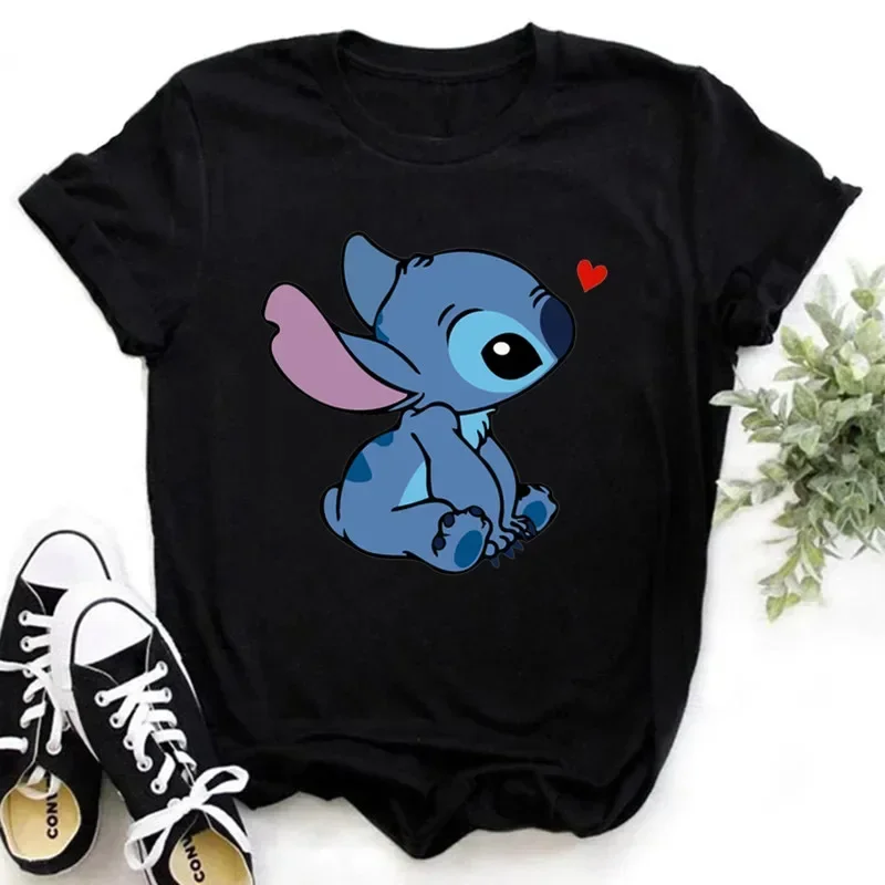 Lilo Stitch Cartoon T-shirts Tops for Women Lady Harajuku T-shirts Black O-neck Ohana Stitch Streetwear Female T-shirts