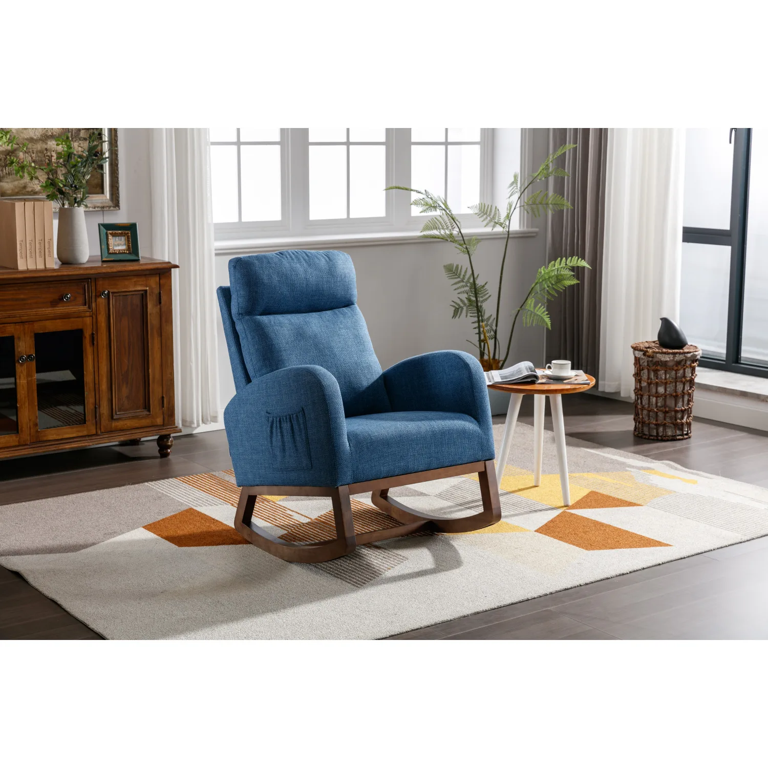 COOLMORE Modern Rocking Chair with Wood Legs, Recliner Armchair, Nursery Accent Chair in Blue Linen