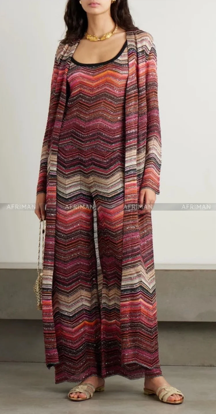 Women Chevron Striped Sequined Long Knit Cardigans Coat